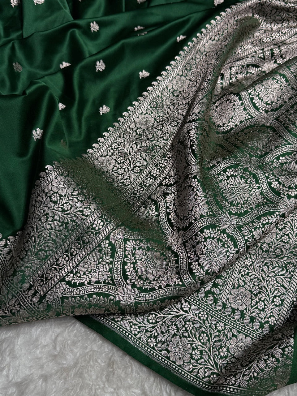 Bottle Green floral Booti Mashru Silk Saree