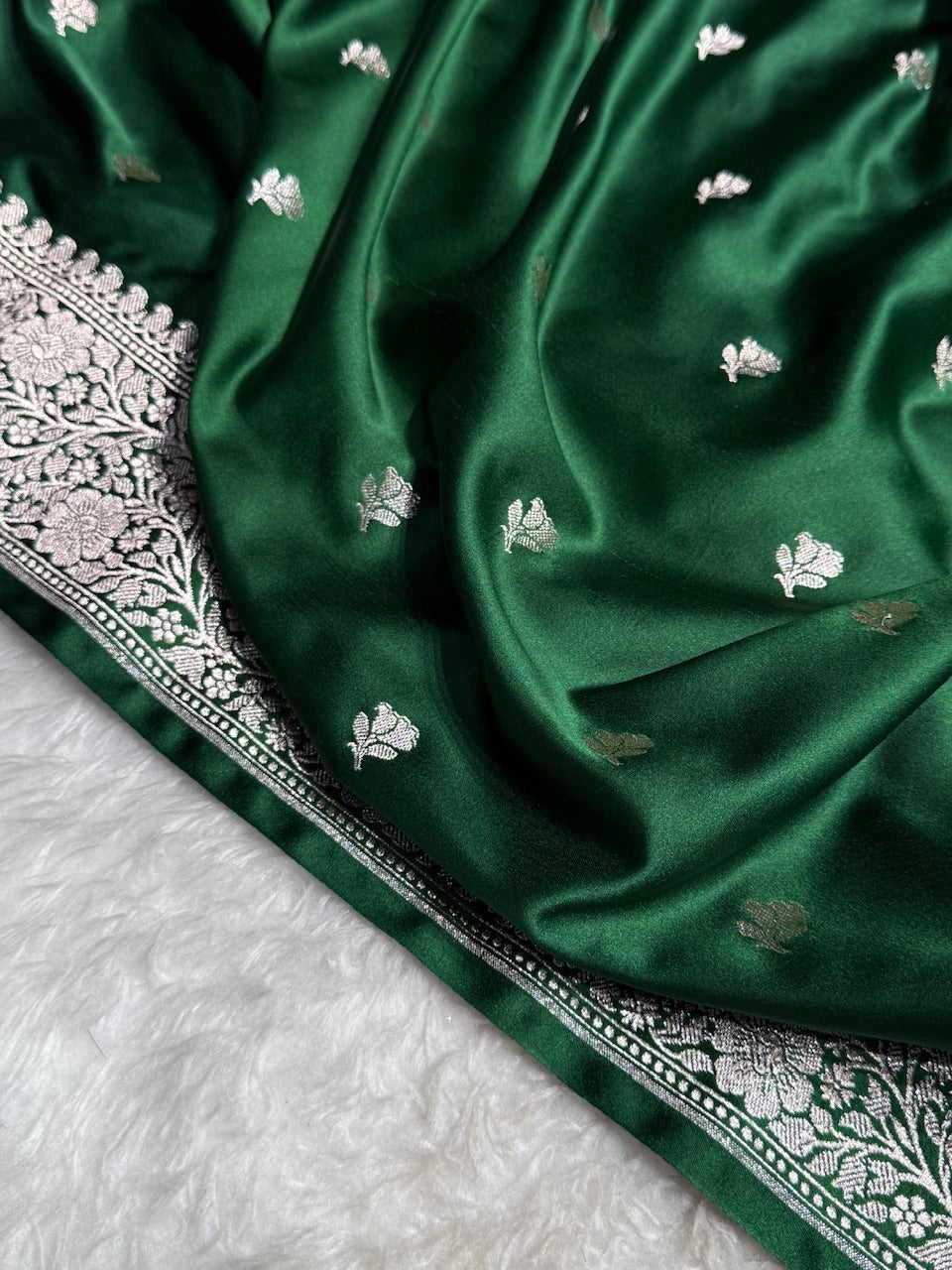 Bottle Green floral Booti Mashru Silk Saree