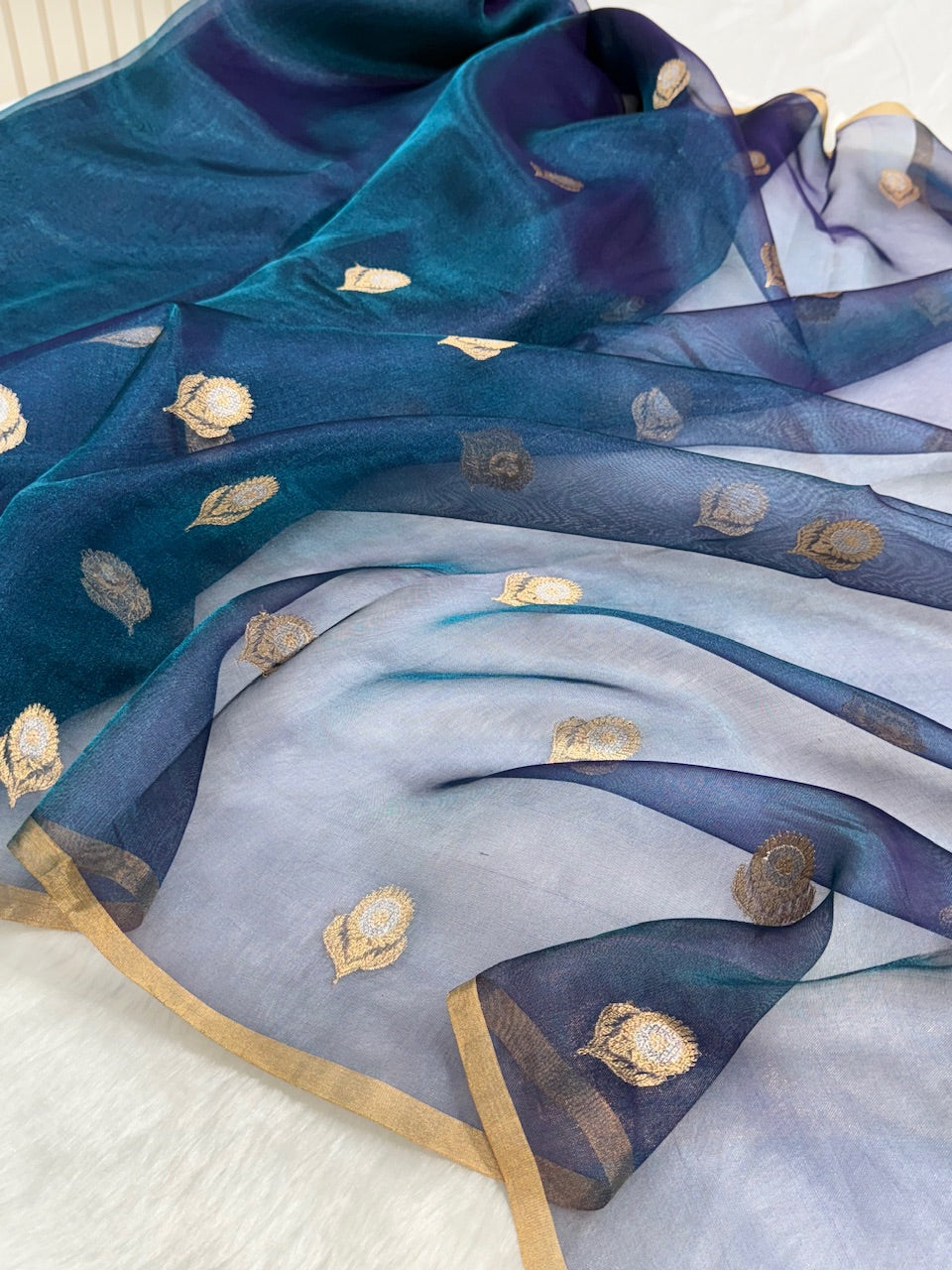 German Blue Shades Pure Tissue Silk Handwoven Saree PT-10