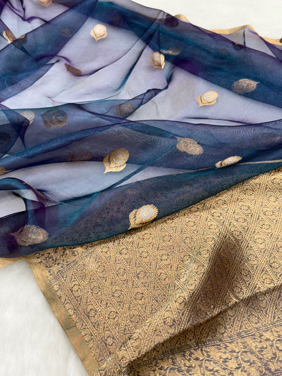German Blue Shades Pure Tissue Silk Handwoven Saree PT-10