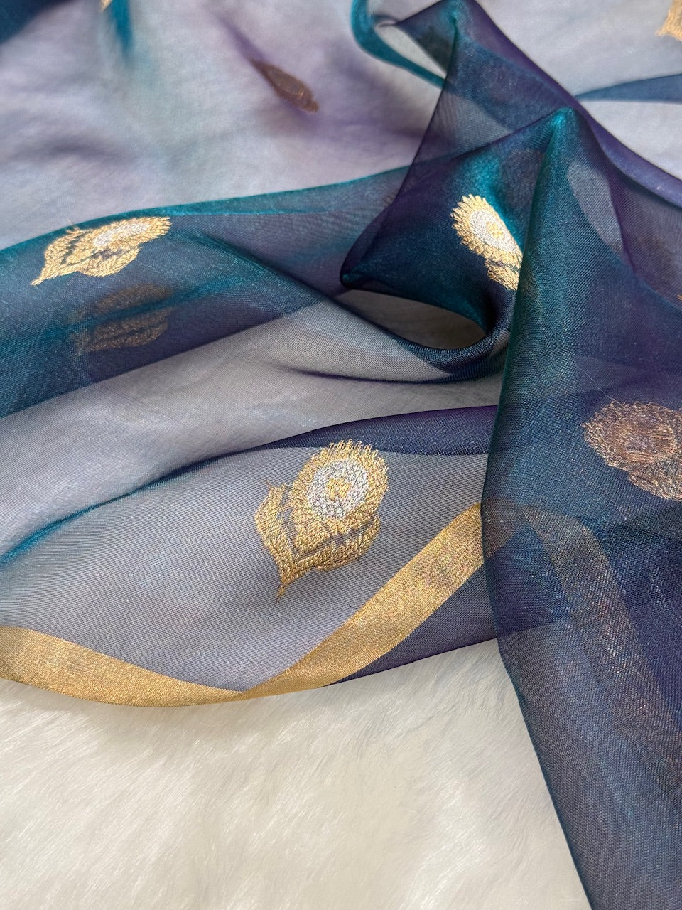 German Blue Shades Pure Tissue Silk Handwoven Saree PT-10