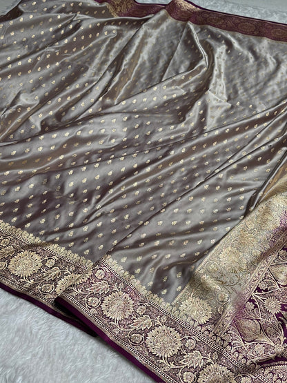 Dark Grey with Wine Contrast Banarasi Booti Katan Silk Saree