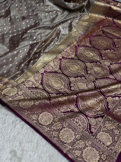 Dark Grey with Wine Contrast Banarasi Booti Katan Silk Saree