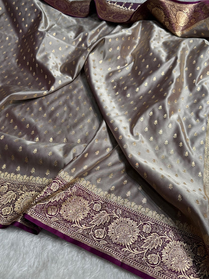 Dark Grey with Wine Contrast Banarasi Booti Katan Silk Saree