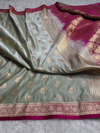 Pista With Wine Floral Boota Satin Katan Silk saree SK27