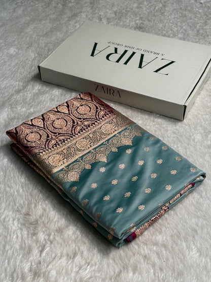 Turquoise Booti Satin Katan Silk saree SK28