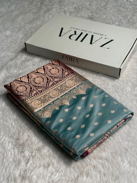 Turquoise Booti Satin Katan Silk saree SK28