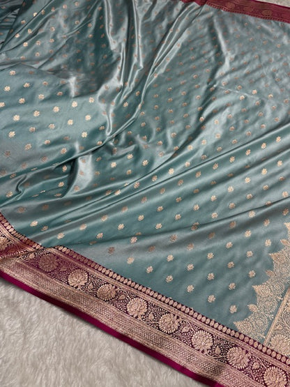 Turquoise Booti Satin Katan Silk saree SK28