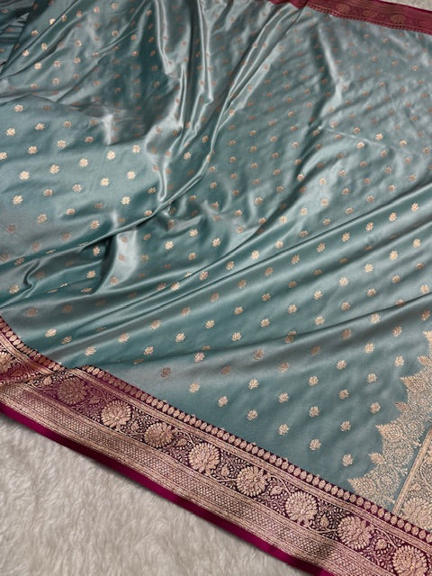 Turquoise Booti Satin Katan Silk saree SK28