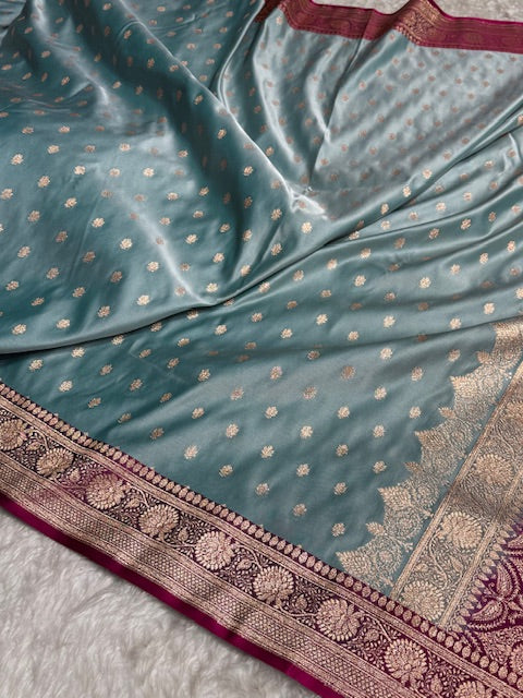 Turquoise Booti Satin Katan Silk saree SK28