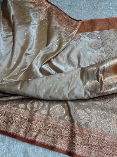 Tusser With Peach Booti Satin Katan Silk saree SK29