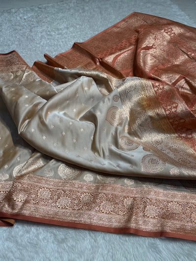 Tusser With Peach Booti Satin Katan Silk saree SK29