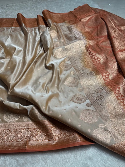 Tusser With Peach Booti Satin Katan Silk saree SK29