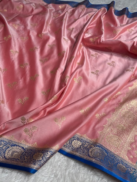 Baby Pink with Blue Floral Boota Satin Katan Silk saree SK30