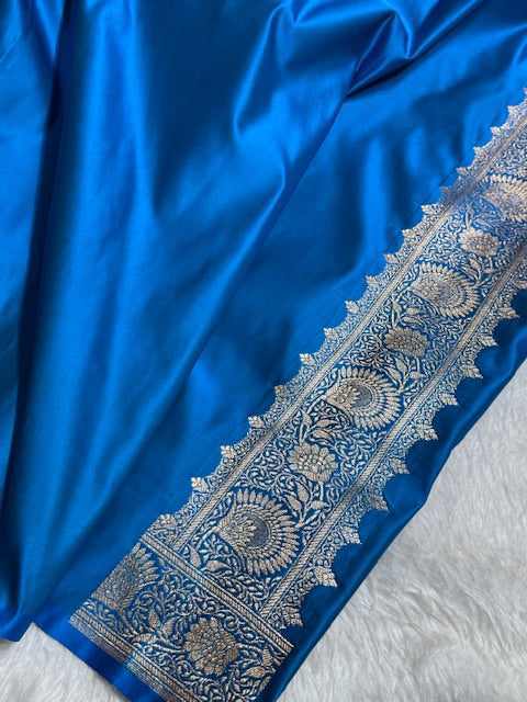 Baby Pink with Blue Floral Boota Satin Katan Silk saree SK30