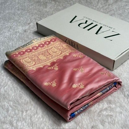 Baby Pink with Blue Floral Boota Satin Katan Silk saree SK30