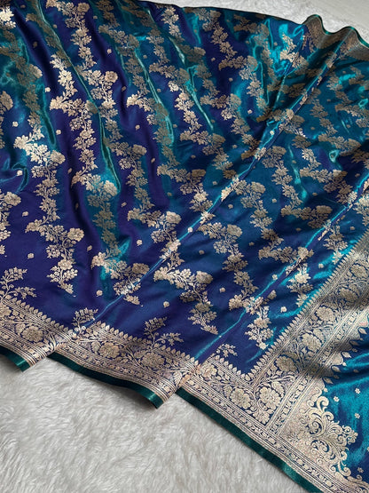 Satin Silk Saree Banarasi Cross with booti In Peacock Shades SS22
