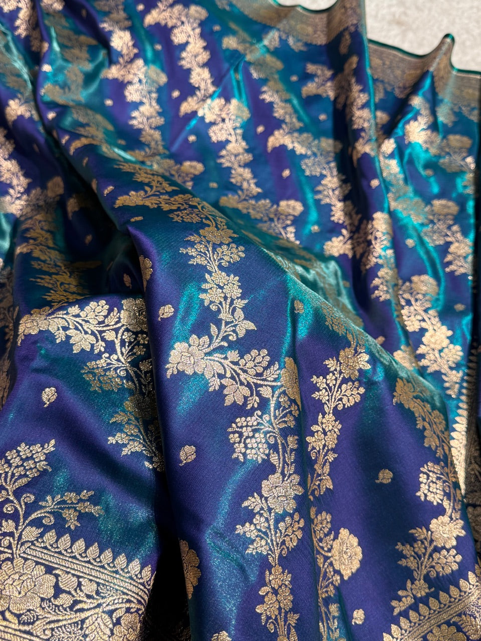 Satin Silk Saree Banarasi Cross with booti In Peacock Shades SS22