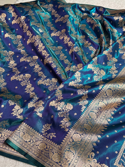 Satin Silk Saree Banarasi Cross with booti In Peacock Shades SS22