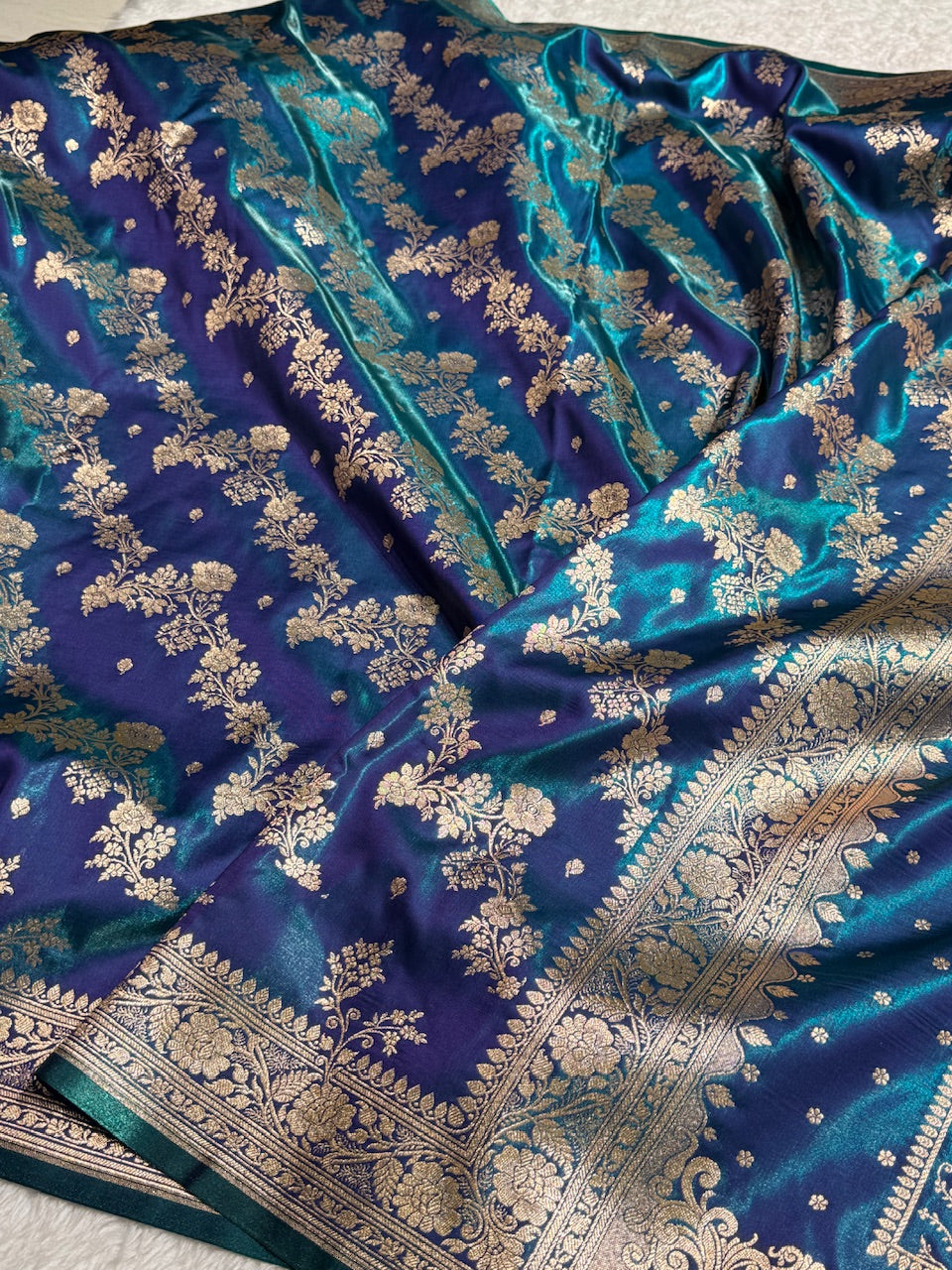 Satin Silk Saree Banarasi Cross with booti In Peacock Shades SS22