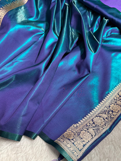 Satin Silk Saree Banarasi Cross with booti In Peacock Shades SS22