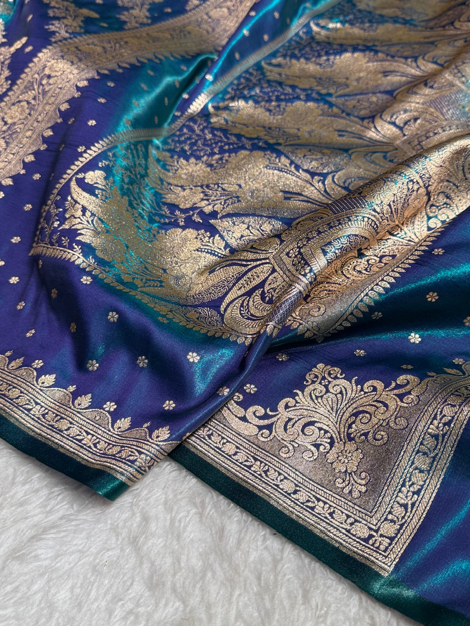 Satin Silk Saree Banarasi Cross with booti In Peacock Shades SS22