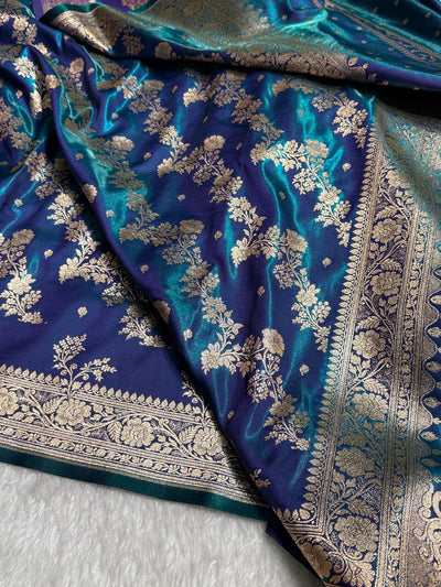 Satin Silk Saree Banarasi Cross with booti In Peacock Shades SS22