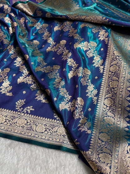 Satin Silk Saree Banarasi Cross with booti In Peacock Shades SS22