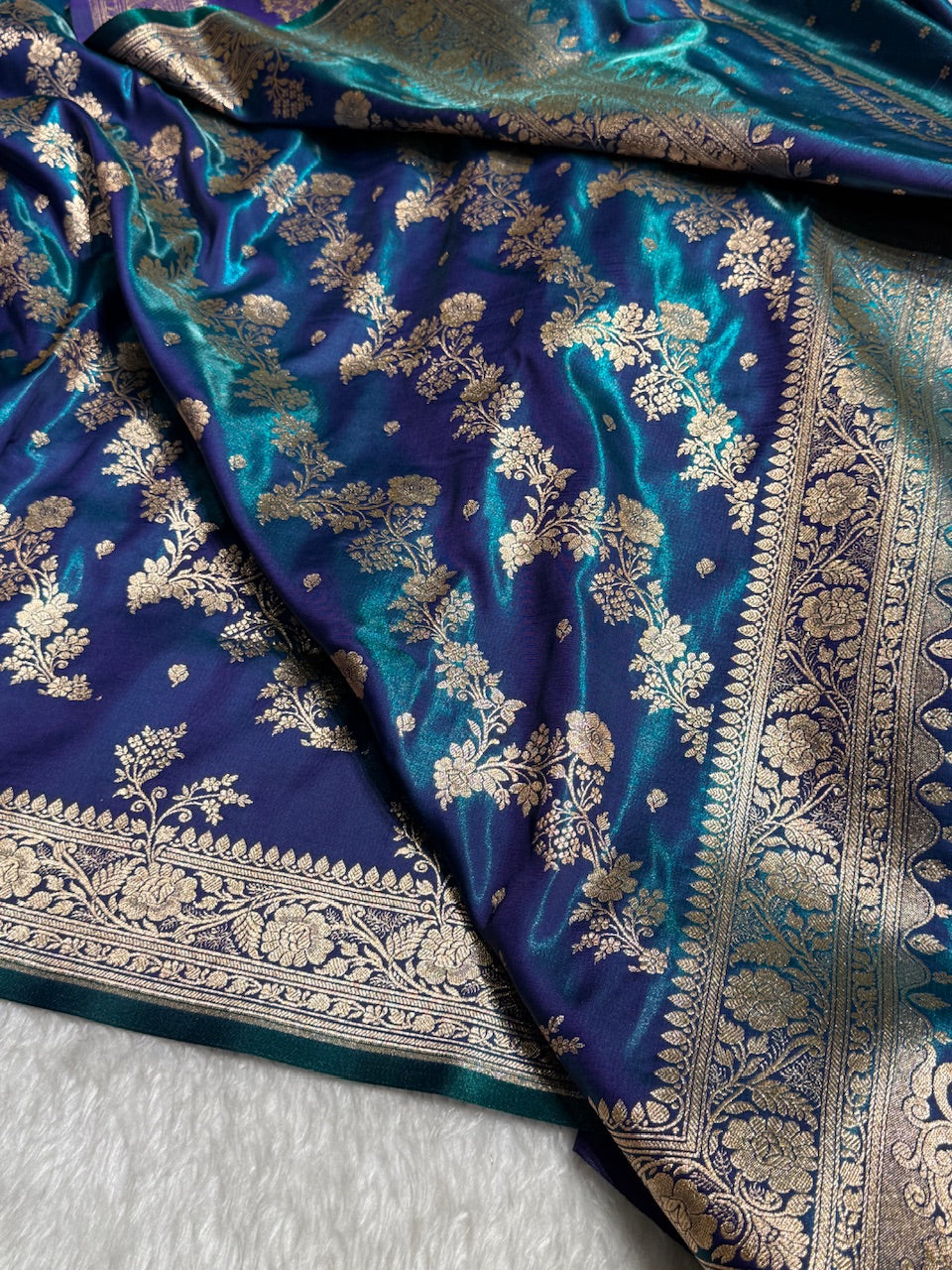 Satin Silk Saree Banarasi Cross with booti In Peacock Shades SS22