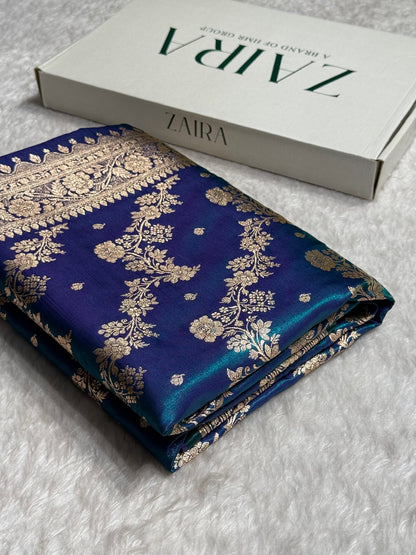 Satin Silk Saree Banarasi Cross with booti In Peacock Shades SS22