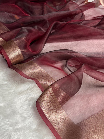 Maroon Shades Pure Tissue Silk Saree with Brocade Blouse PT-09
