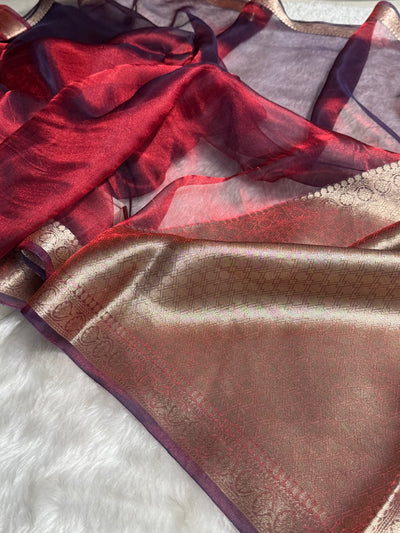 Cross Purple Shades Pure Tissue Silk Saree with Brocade Blouse PT-09