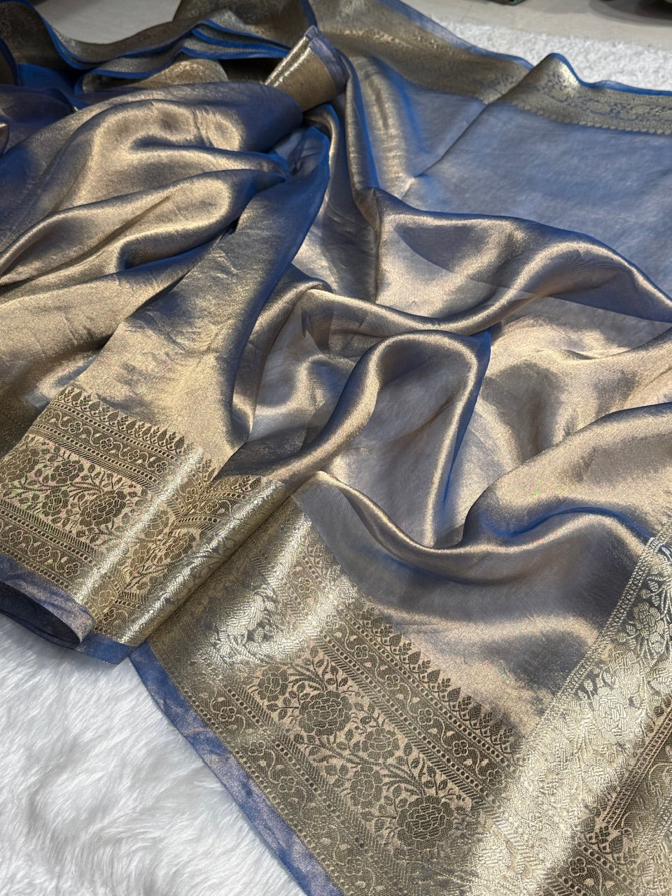 Pestal Royal Blue Shades Pure Tissue Silk Saree with Brocade Blouse PT-08