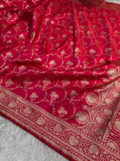 Satin Silk Saree Jaal in Pinkish Red Shades SS23