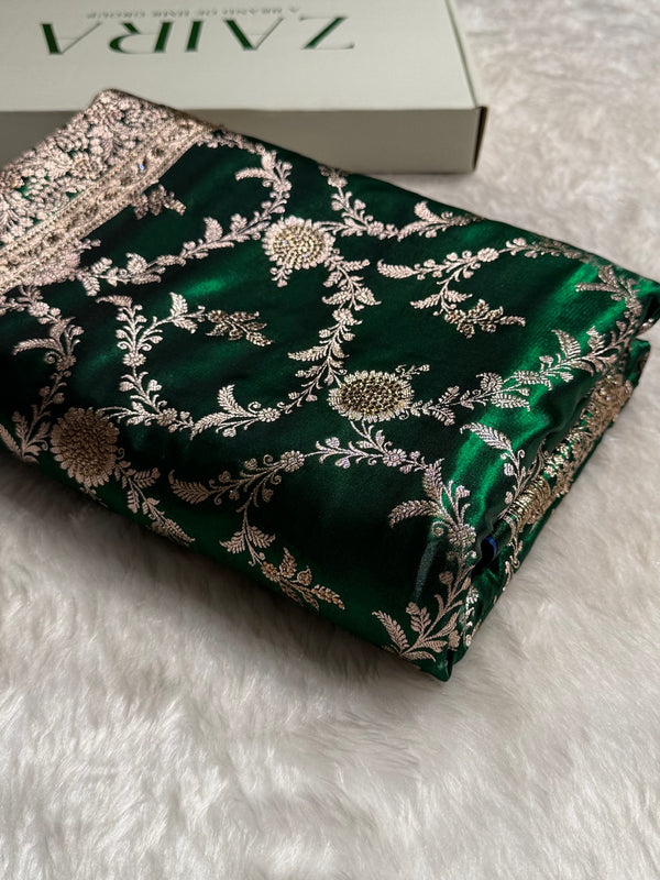 Satin Silk Banarasi Jaal in Bottle Green Shades with Work BSS14