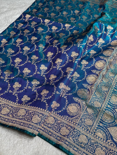 Satin Silk Saree Jaal in Peacock Blue Shades SS23