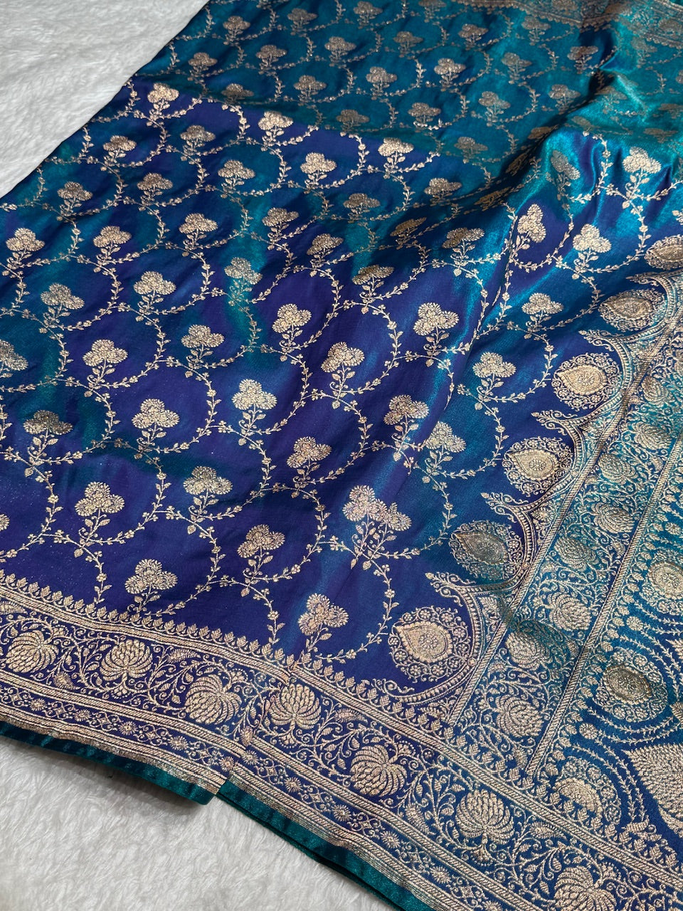 Satin Silk Saree Jaal in Blue Shades SS23