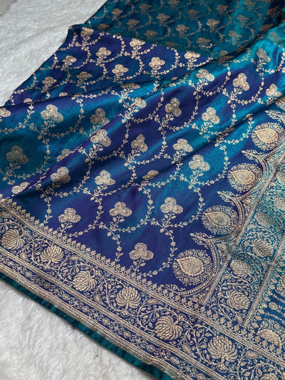 Satin Silk Saree Jaal in Peacock Blue Shades SS23