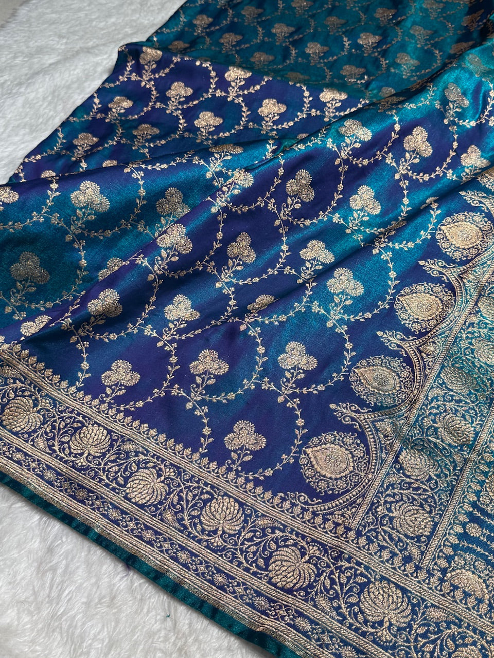 Satin Silk Saree Jaal in Blue Shades SS23