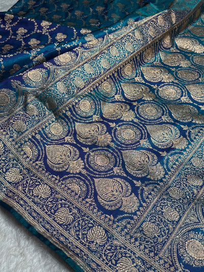 Satin Silk Saree Jaal in Peacock Blue Shades SS23