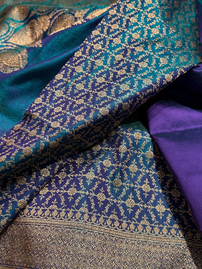 Satin Silk Saree Jaal in Peacock Blue Shades SS23