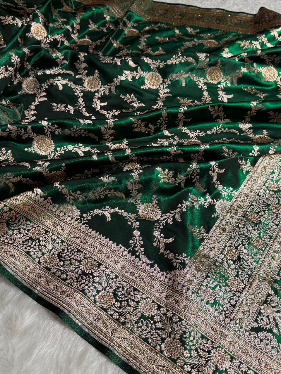 Satin Silk Banarasi Jaal in Bottle Green Shades with Work BSS14