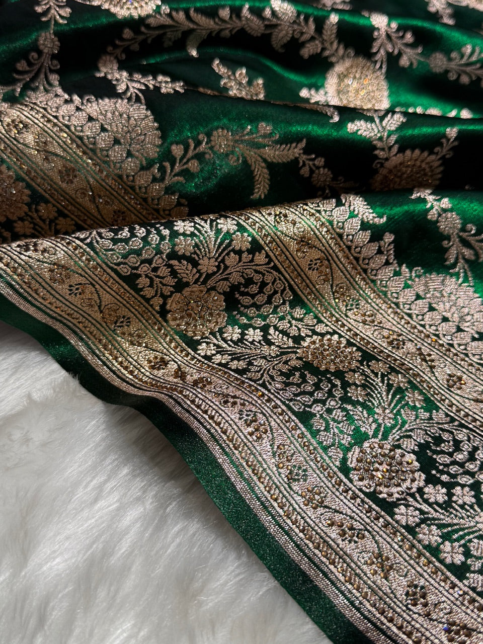 Satin Silk Banarasi Jaal in Bottle Green Shades with Work BSS14
