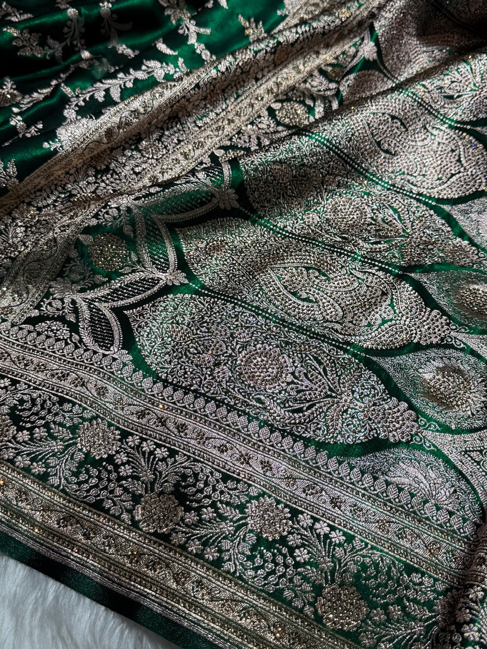 Satin Silk Banarasi Jaal in Bottle Green Shades with Work BSS14