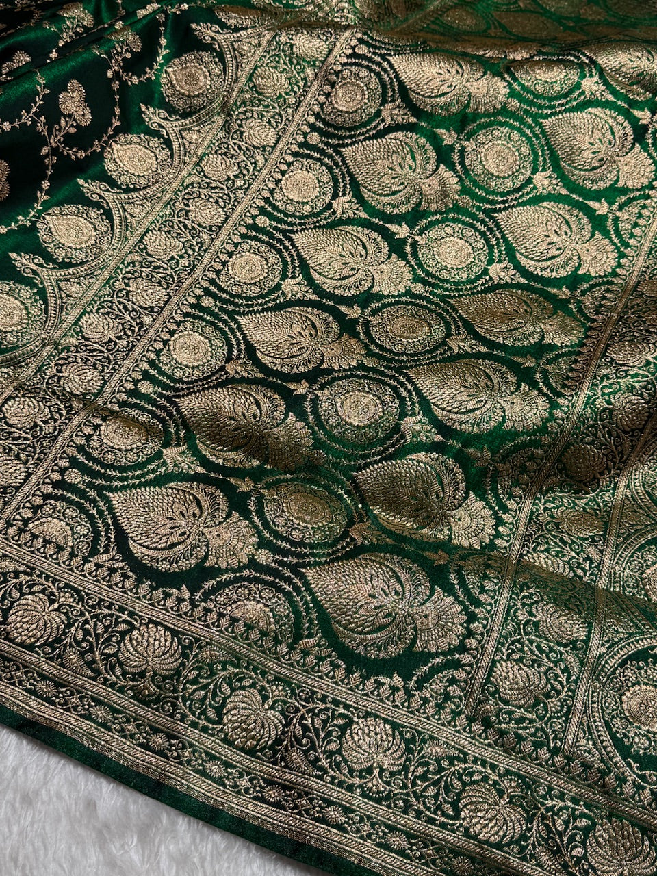 Satin Silk Saree Jaal in Bottle Green Shades SS23