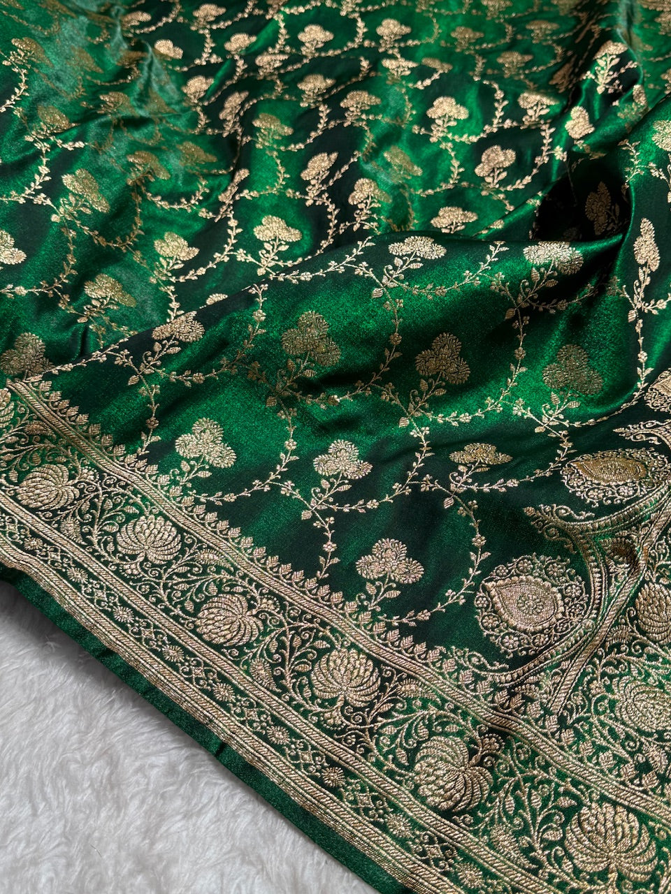 Satin Silk Saree Jaal in Bottle Green Shades SS23