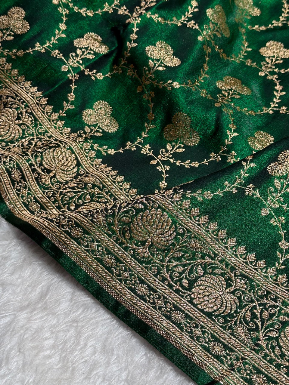 Satin Silk Saree Jaal in Bottle Green Shades SS23
