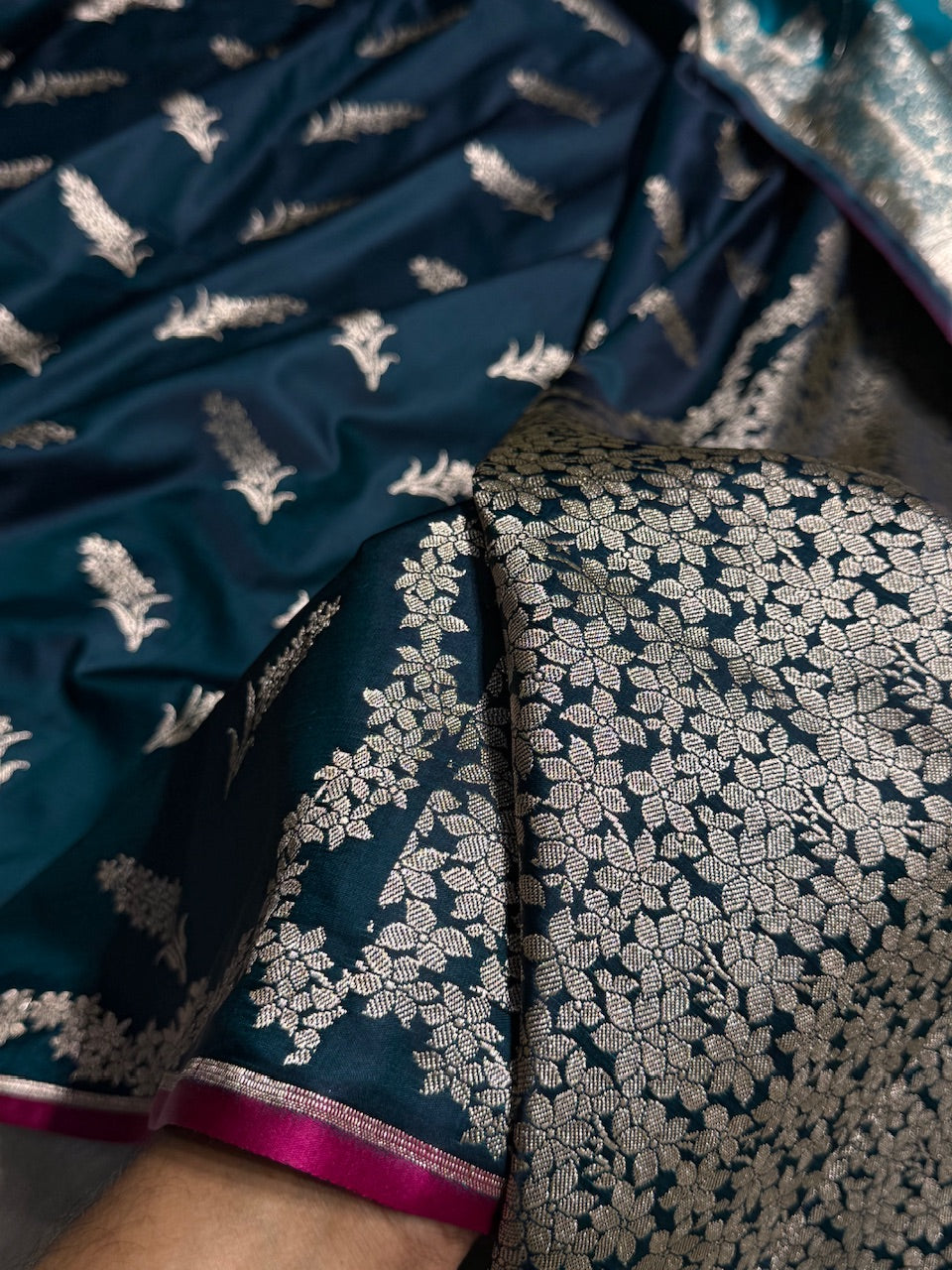 Dark Teal Unique Motif Mashru Silk Saree