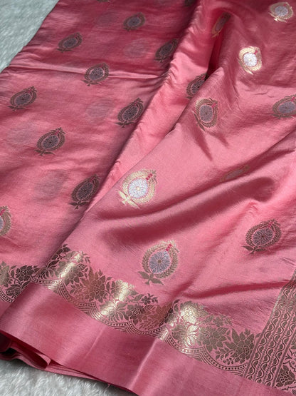 Baby Pink Flower Boota Pure Caramel Mango Silk Saree
