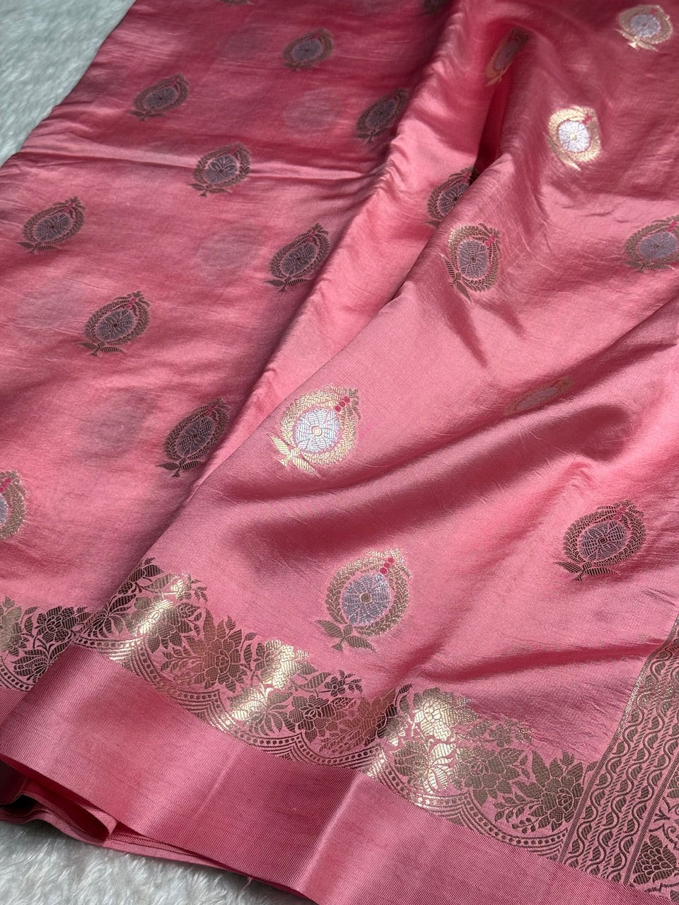 Baby Pink Flower Boota Pure Caramel Mango Silk Saree